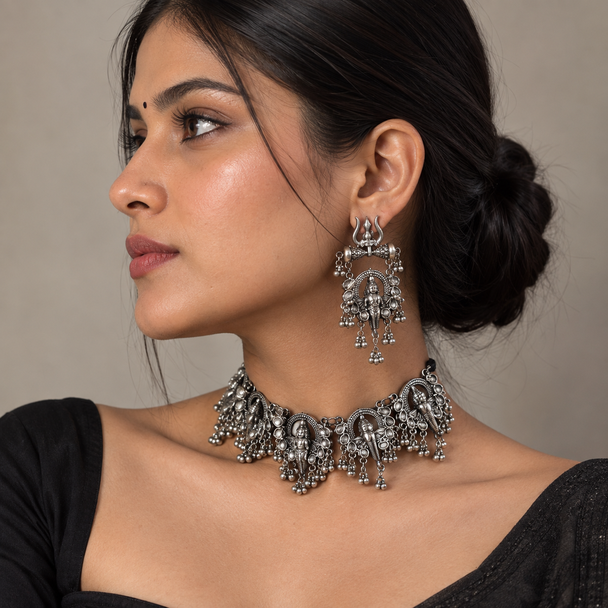 Lovela "Devika" Oxidised Silver Temple Choker Set