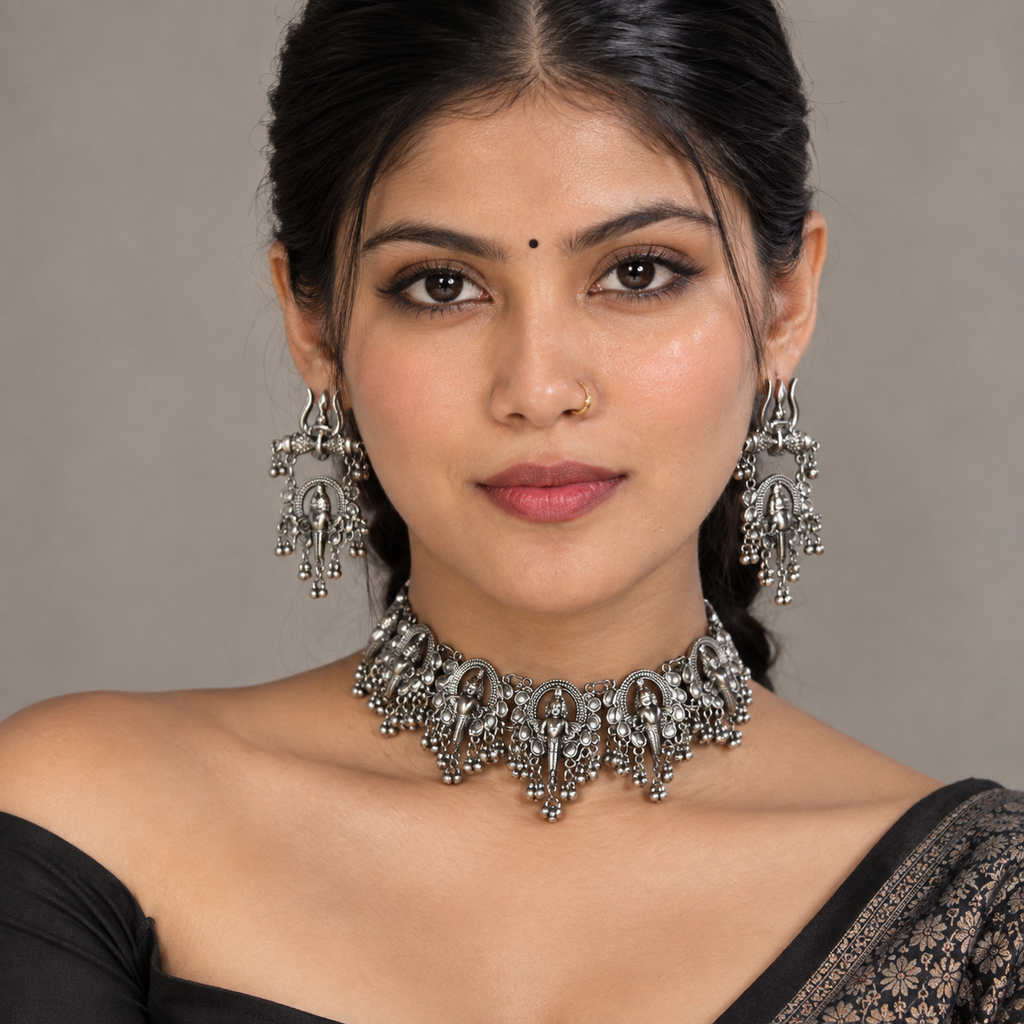 Lovela "Devika" Oxidised Silver Temple Choker Set