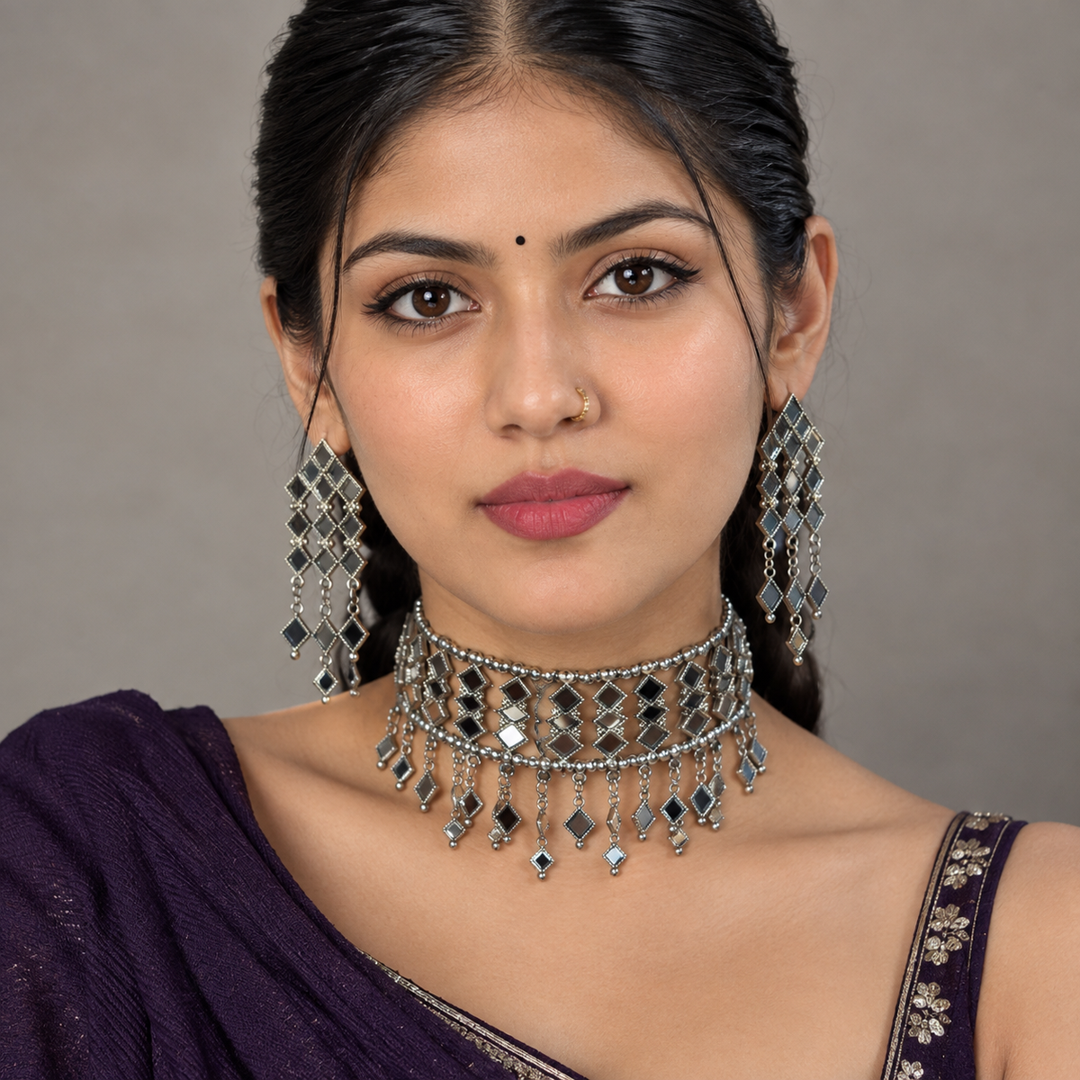 Lovela "Aaina" Oxidised Silver Mirror Choker Set
