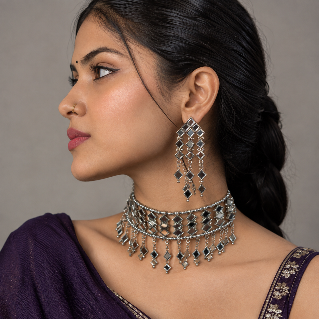 Lovela "Aaina" Oxidised Silver Mirror Choker Set