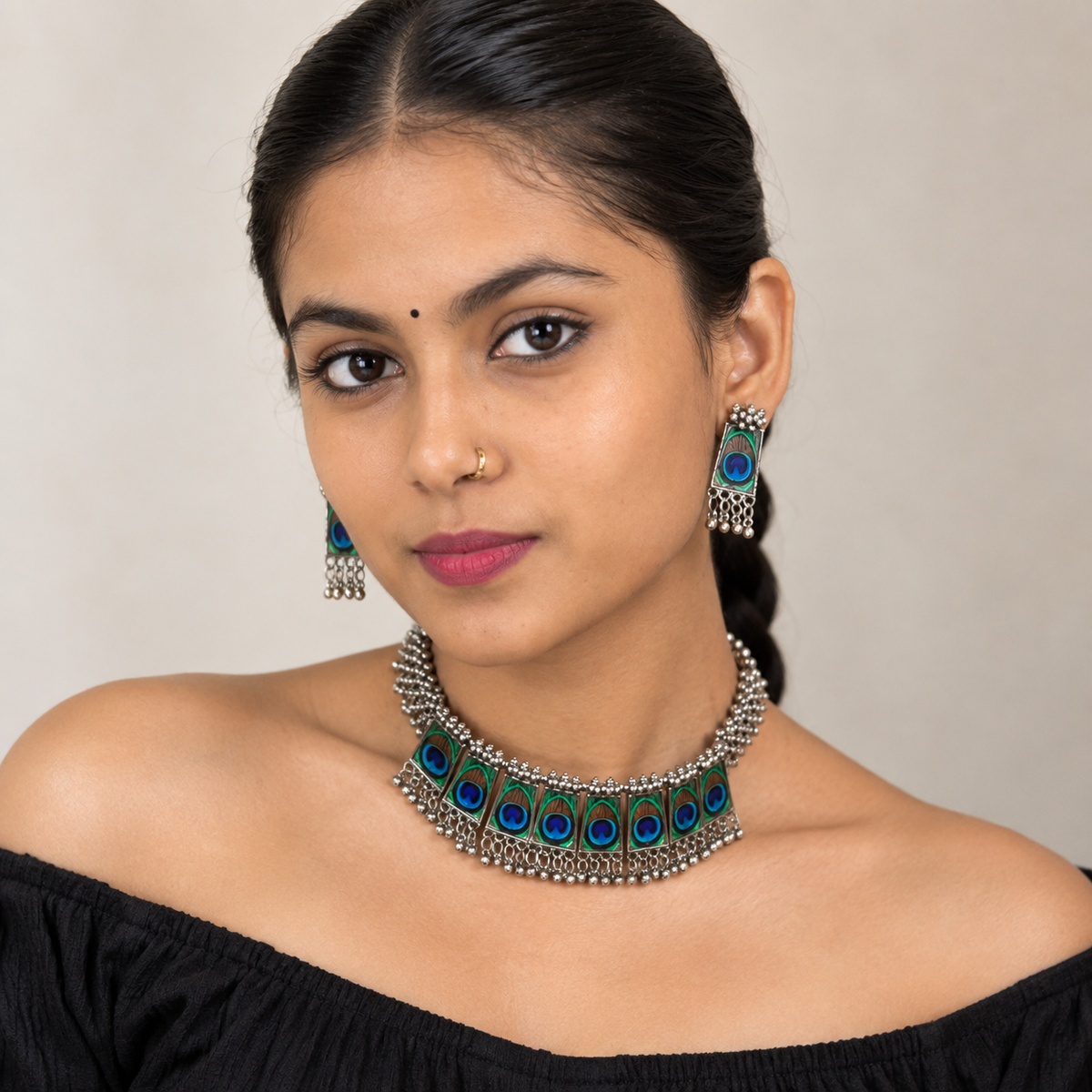 Lovela "Mayuri" Oxidised Silver Peacock Choker Set