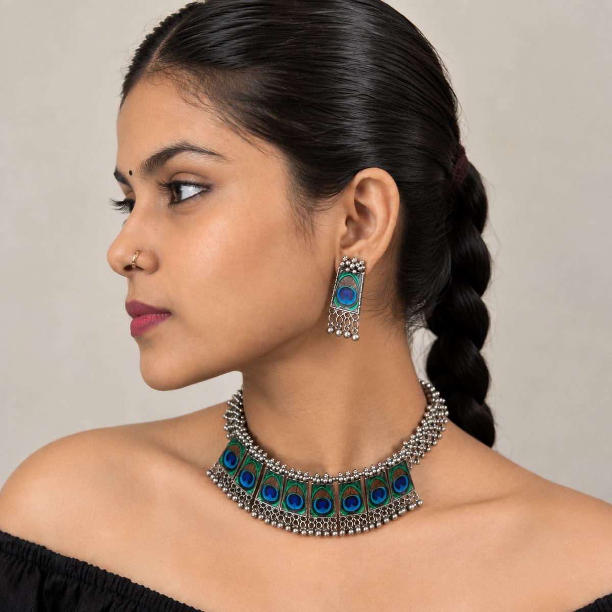 Lovela "Mayuri" Oxidised Silver Peacock Choker Set