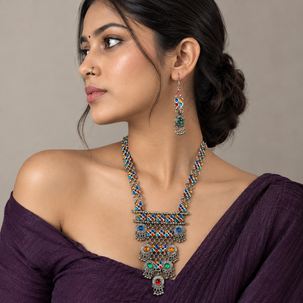 Lovela "Baanjara" Oxidised Silver Multicolor Necklace Set