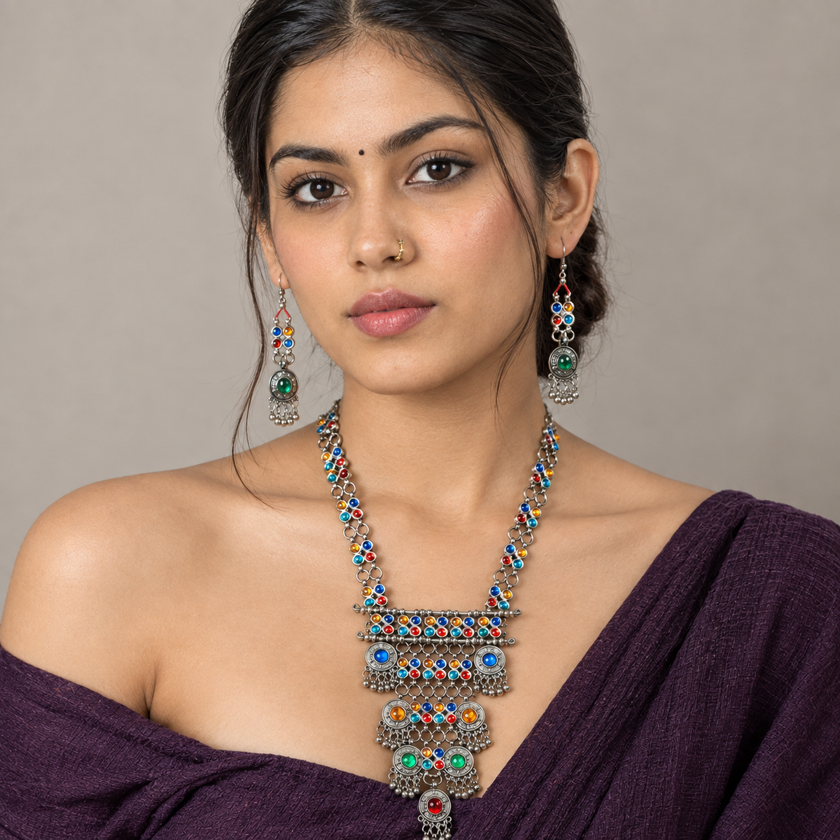 Lovela "Baanjara" Oxidised Silver Multicolor Necklace Set