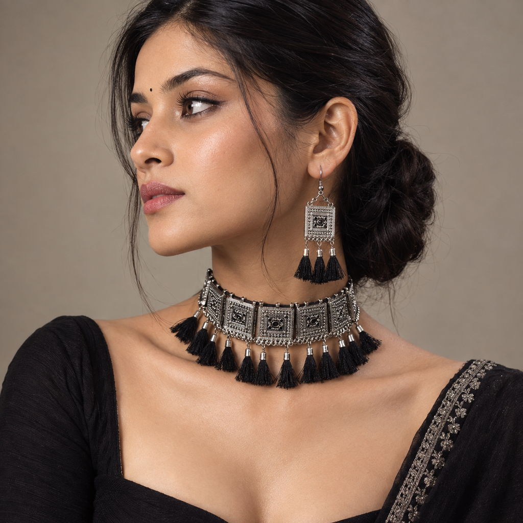 Lovela "Kajri" Oxidised Silver Choker Set