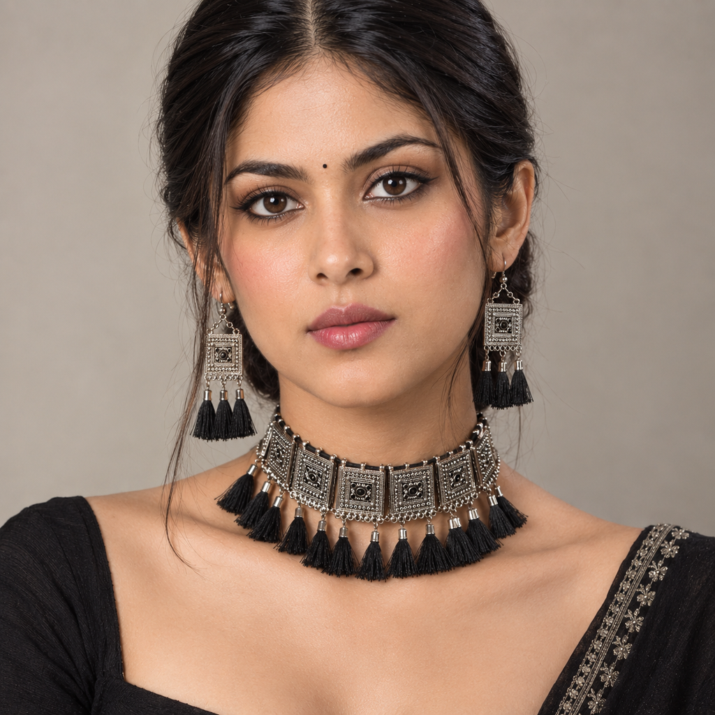 Lovela "Kajri" Oxidised Silver Choker Set