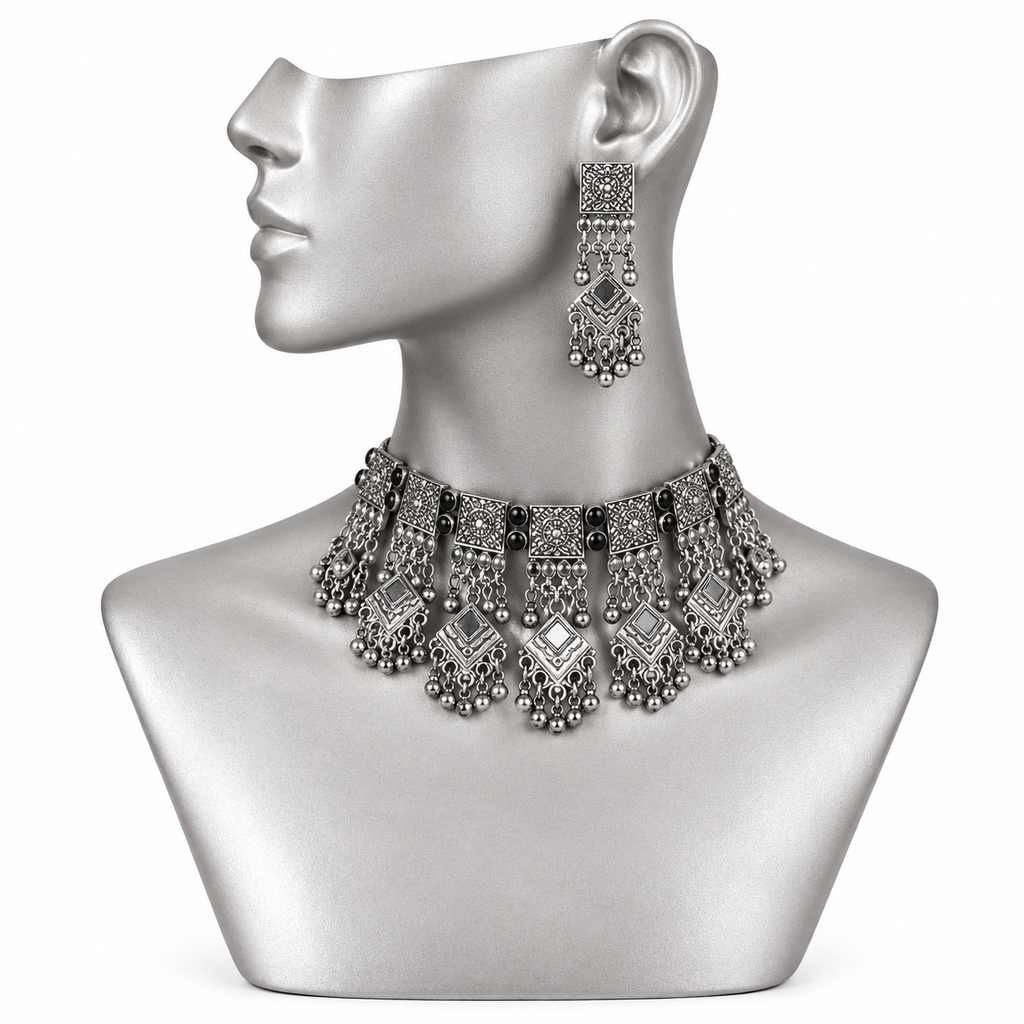 Lovela "Shehzadi" Oxidised Silver Fringe Choker Set
