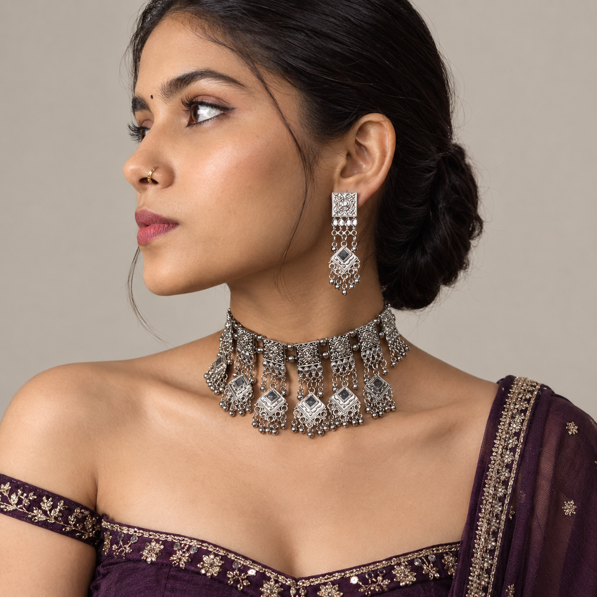 Lovela "Shehzadi" Oxidised Silver Fringe Choker Set