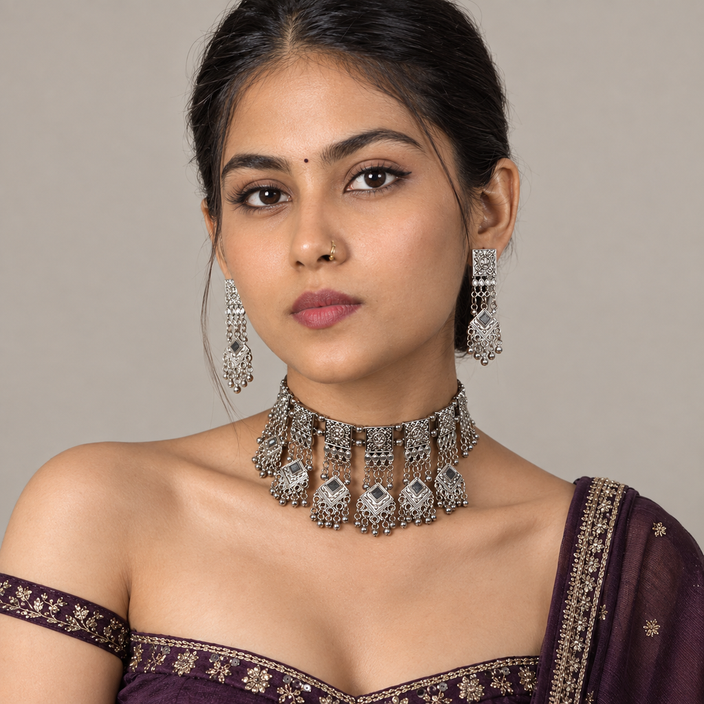 Lovela "Shehzadi" Oxidised Silver Fringe Choker Set