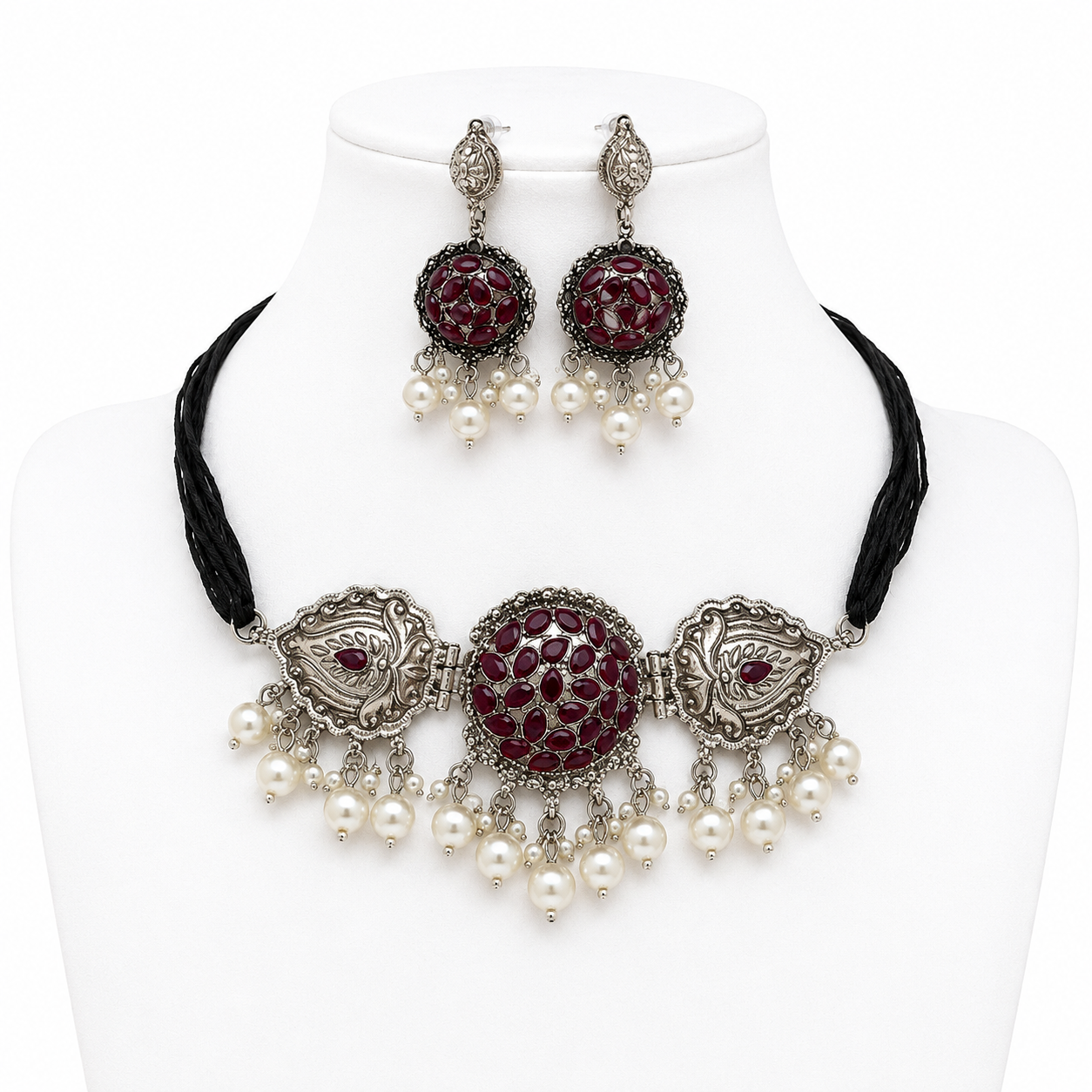 Silver Maroon Stone Choker Set