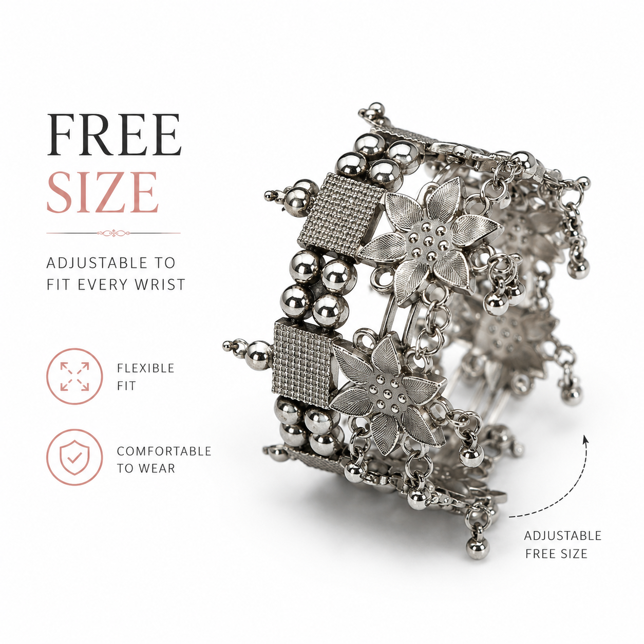 Noor Silver Floral Charm Bangle