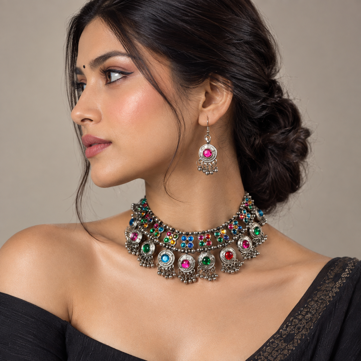 Lovela "Noorie" Oxidised Silver Drop Choker Set