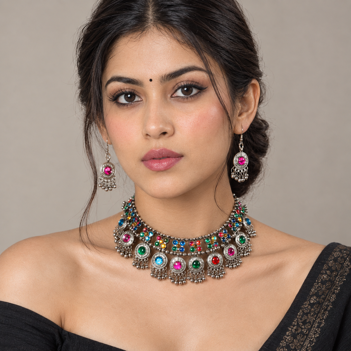 Lovela "Noorie" Oxidised Silver Drop Choker Set