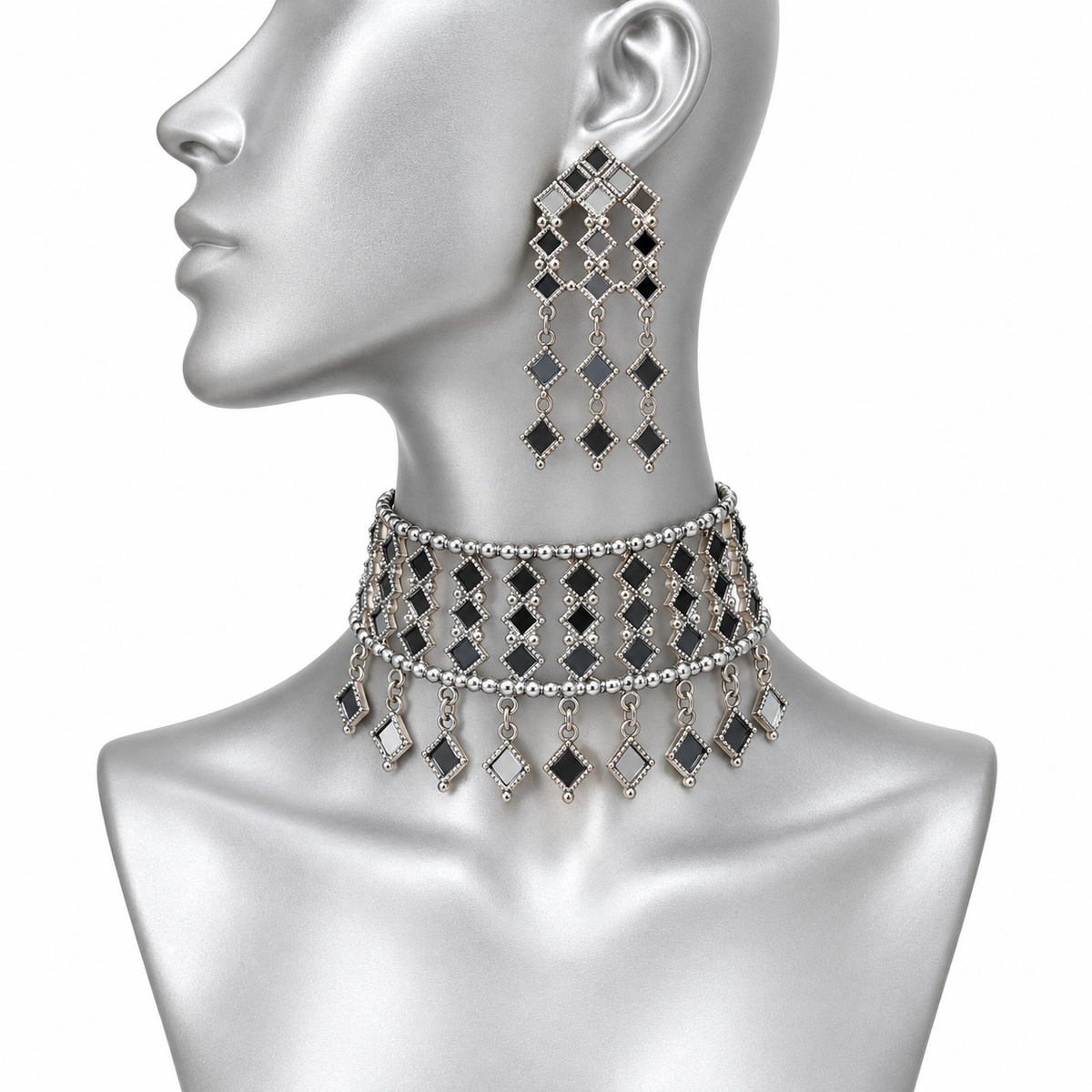 Lovela "Aaina" Oxidised Silver Mirror Choker Set