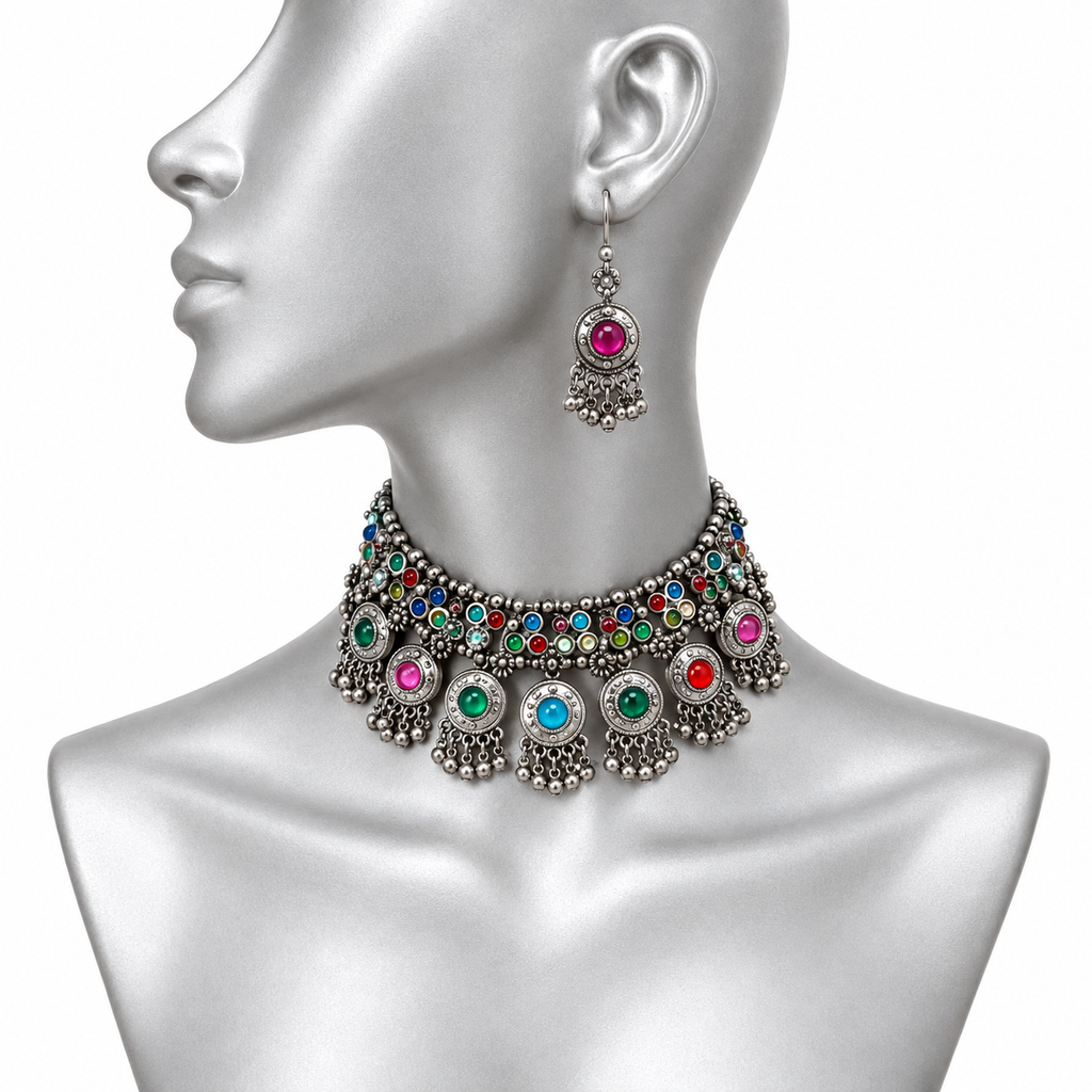 Lovela "Noorie" Oxidised Silver Drop Choker Set
