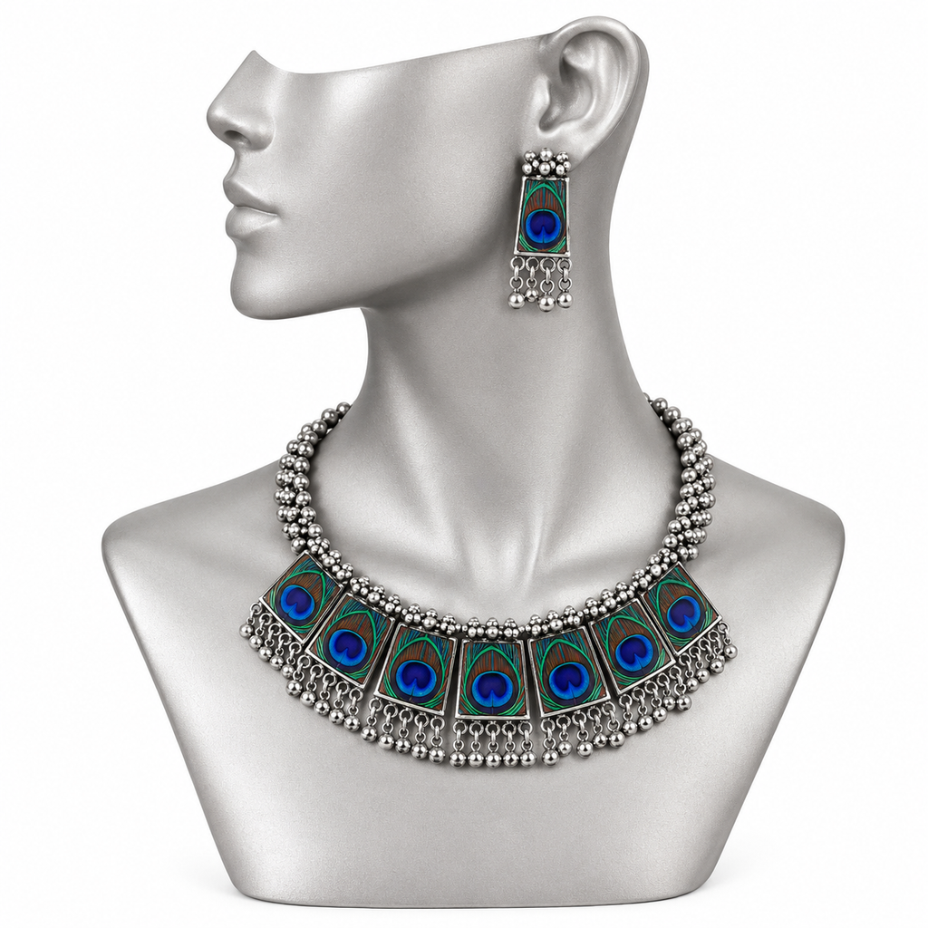 Lovela "Mayuri" Oxidised Silver Peacock Choker Set