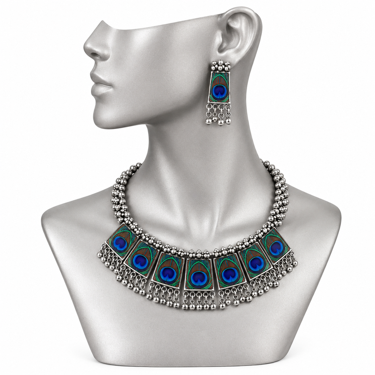 Lovela "Mayuri" Oxidised Silver Peacock Choker Set