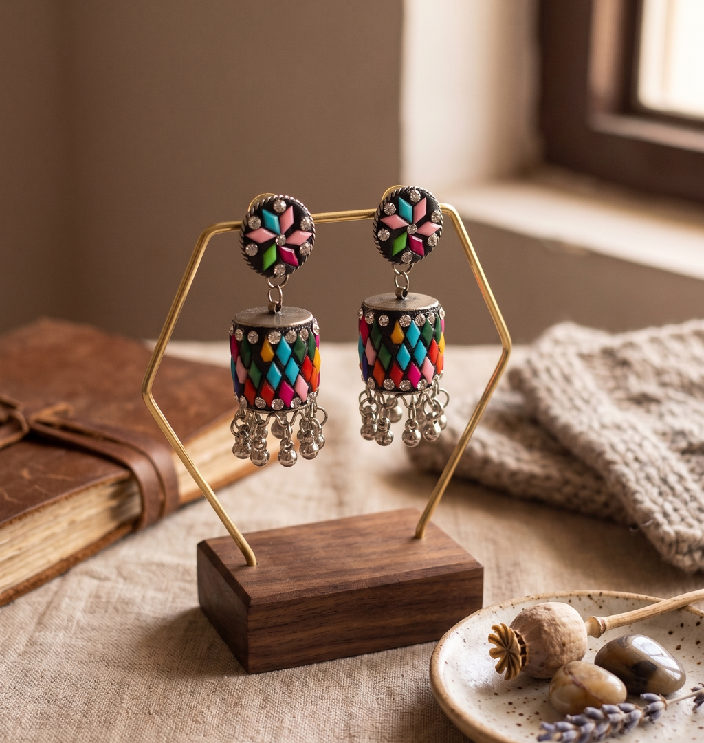 Oxidised Silver Multicolor Meenakari Jhumka Earring For Women & Girls