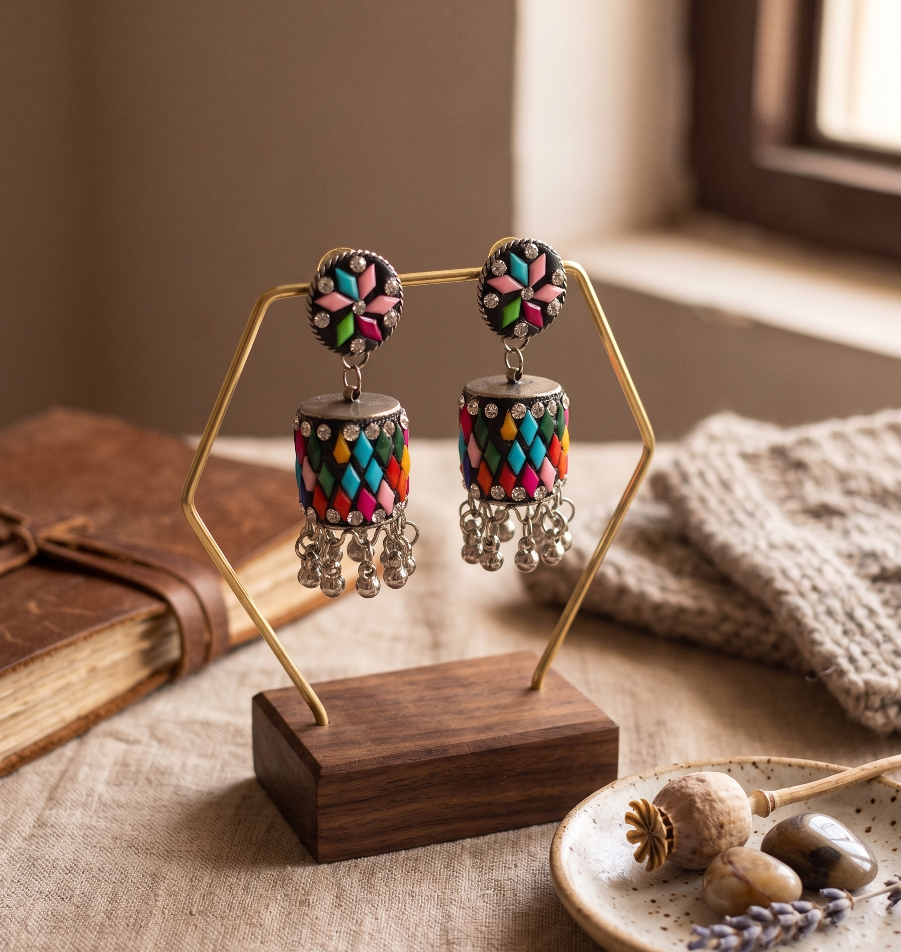 Oxidised Silver Multicolor Meenakari Jhumka Earring For Women & Girls