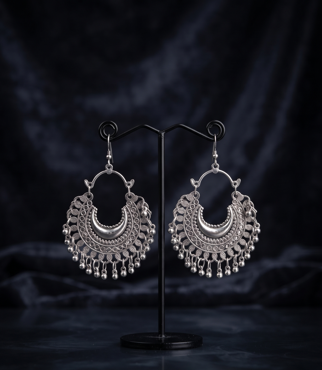Oxidised Silver Crescent Moon Chandbali Earrings For Women& Girls