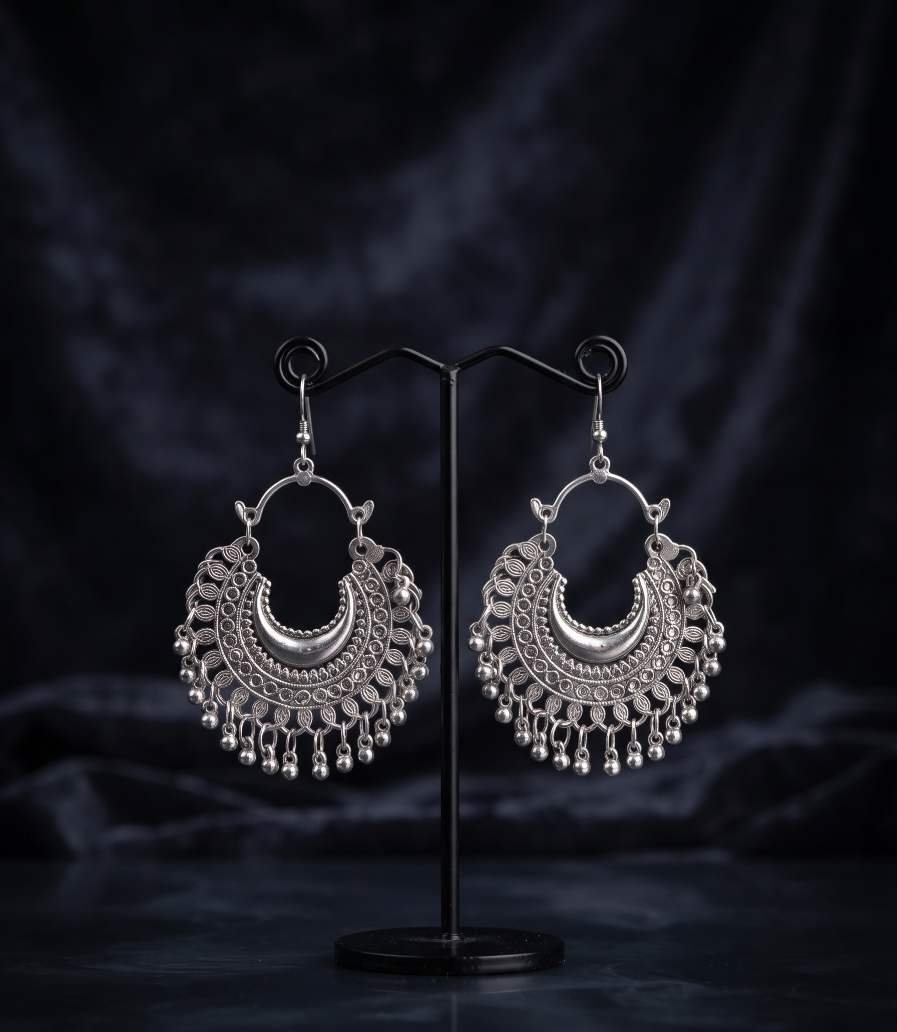 Oxidised Silver Crescent Moon Chandbali Earrings For Women& Girls