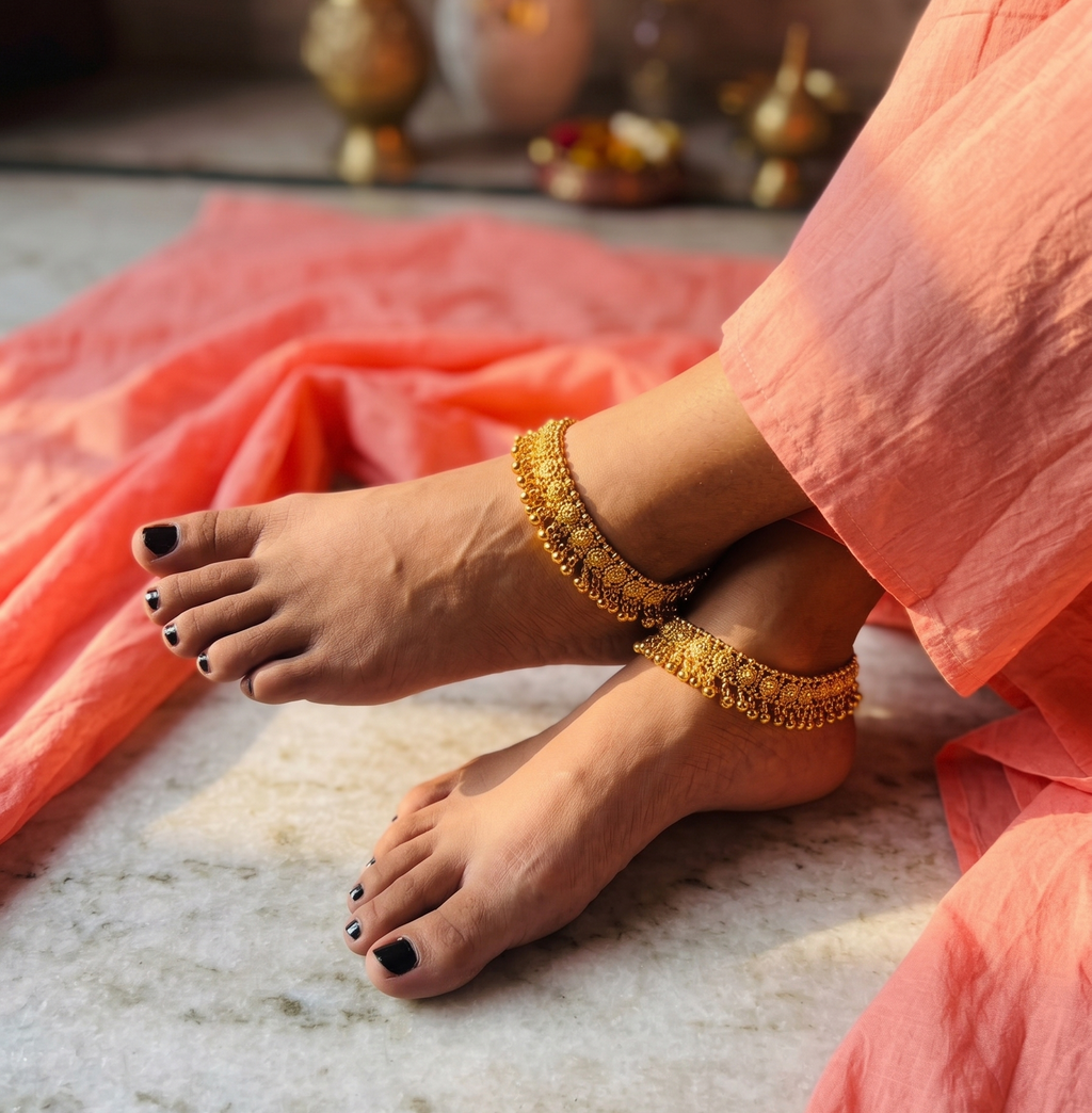 Gold Tone Floral Anklet Pair | Traditional Payal for Women