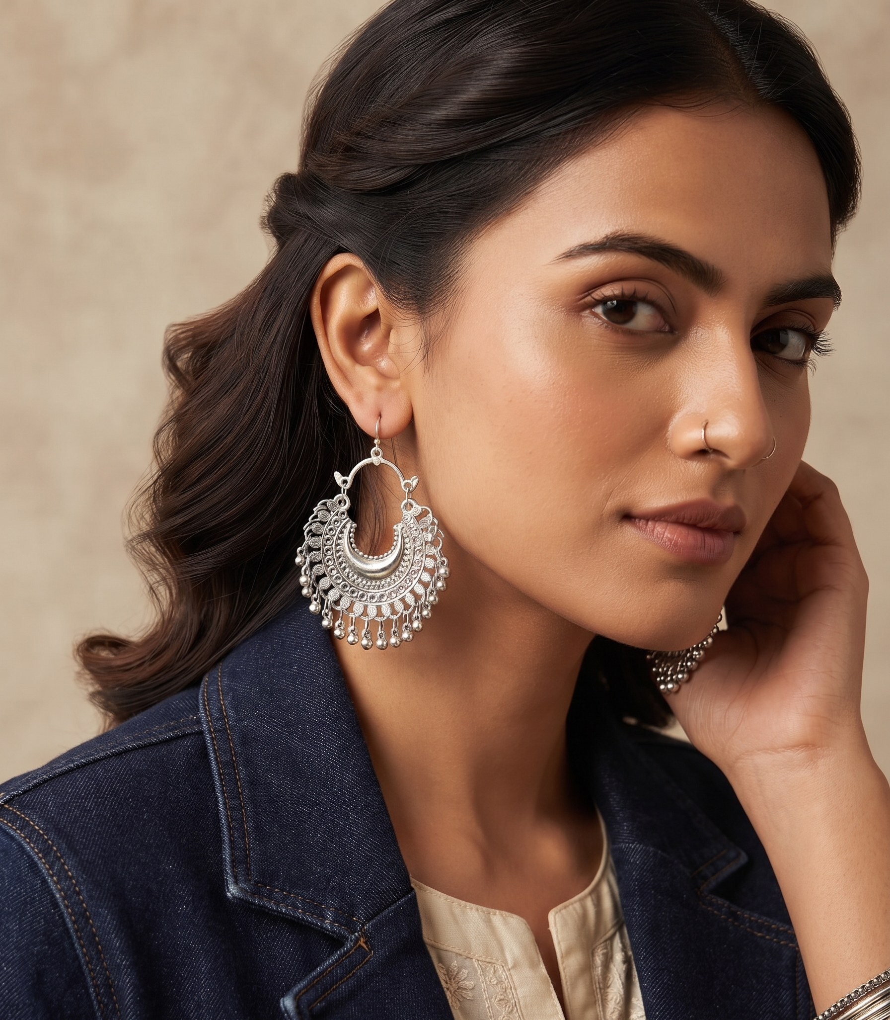 Oxidised Silver Crescent Moon Chandbali Earrings For Women& Girls