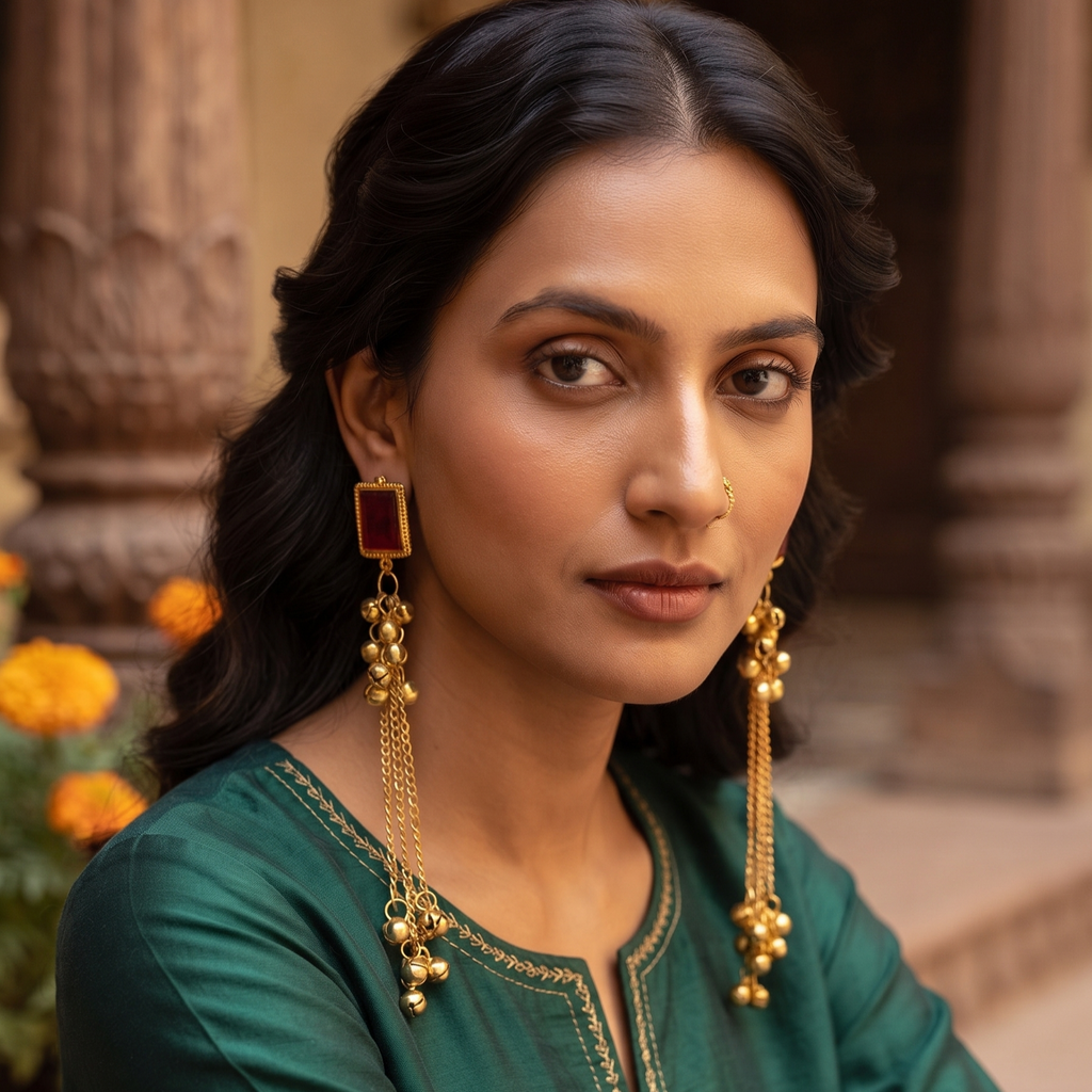 Gold Tone Red Stone Long Chain Tassel Earrings For Women & Girls