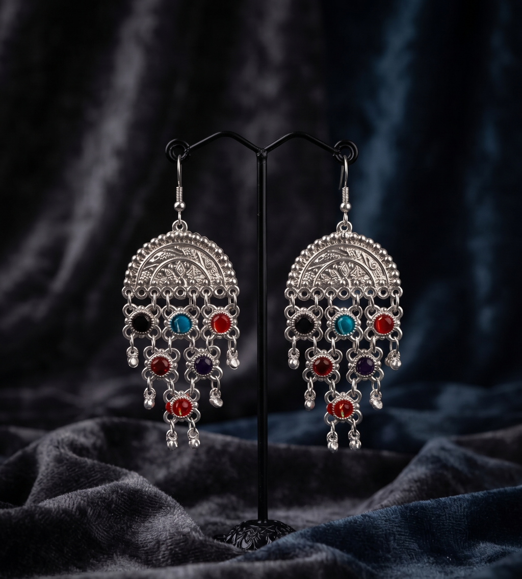 Oxidised Silver Multicolor Stone Jhumka Earrings for Women & girls