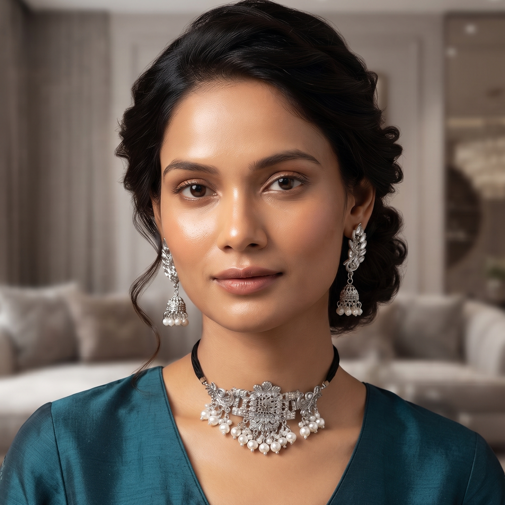 Oxidised Silver Peacock Necklace Set with Jhumka Earrings | Bridal Jewelry Set for Women