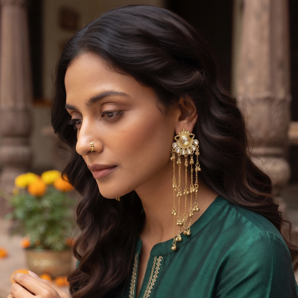 Kashmiri Style Gold Tone Sun Motif Long Chain Jhumka Earring For Women & Girls