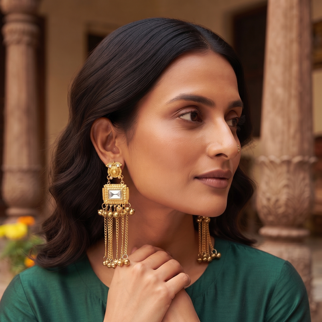 Kashmiri Style Gold Tone Chain Jhumka Earring for Women & Girls