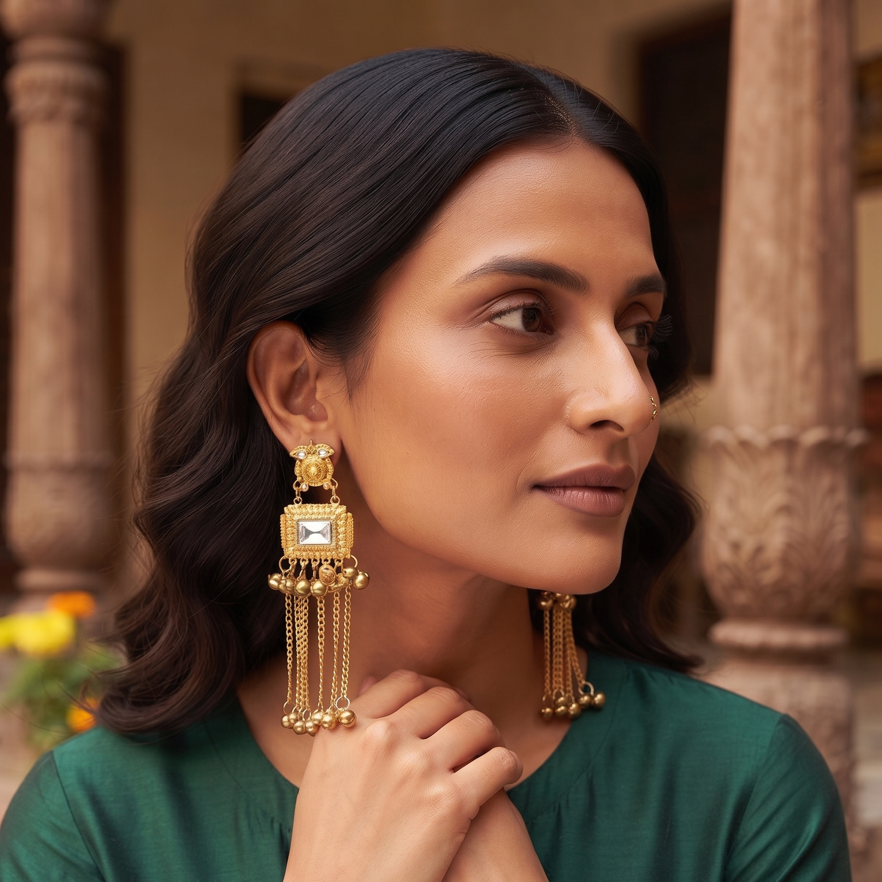 Kashmiri Style Gold Tone Chain Jhumka Earring for Women & Girls
