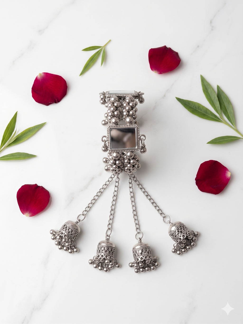Oxidised Silver Mirror Bangle with Jhumki Tassels