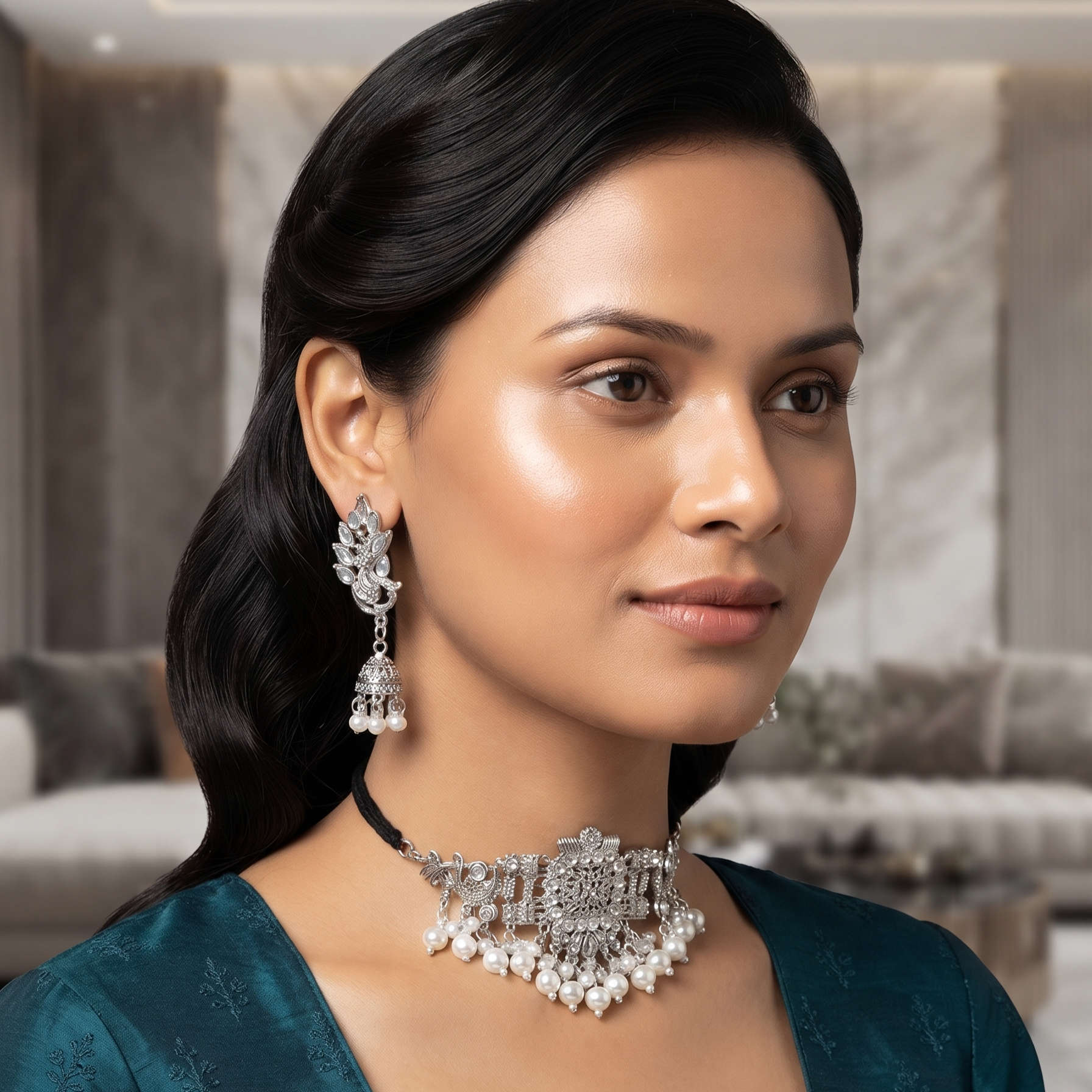 Oxidised Silver Peacock Necklace Set with Jhumka Earrings | Bridal Jewelry Set for Women