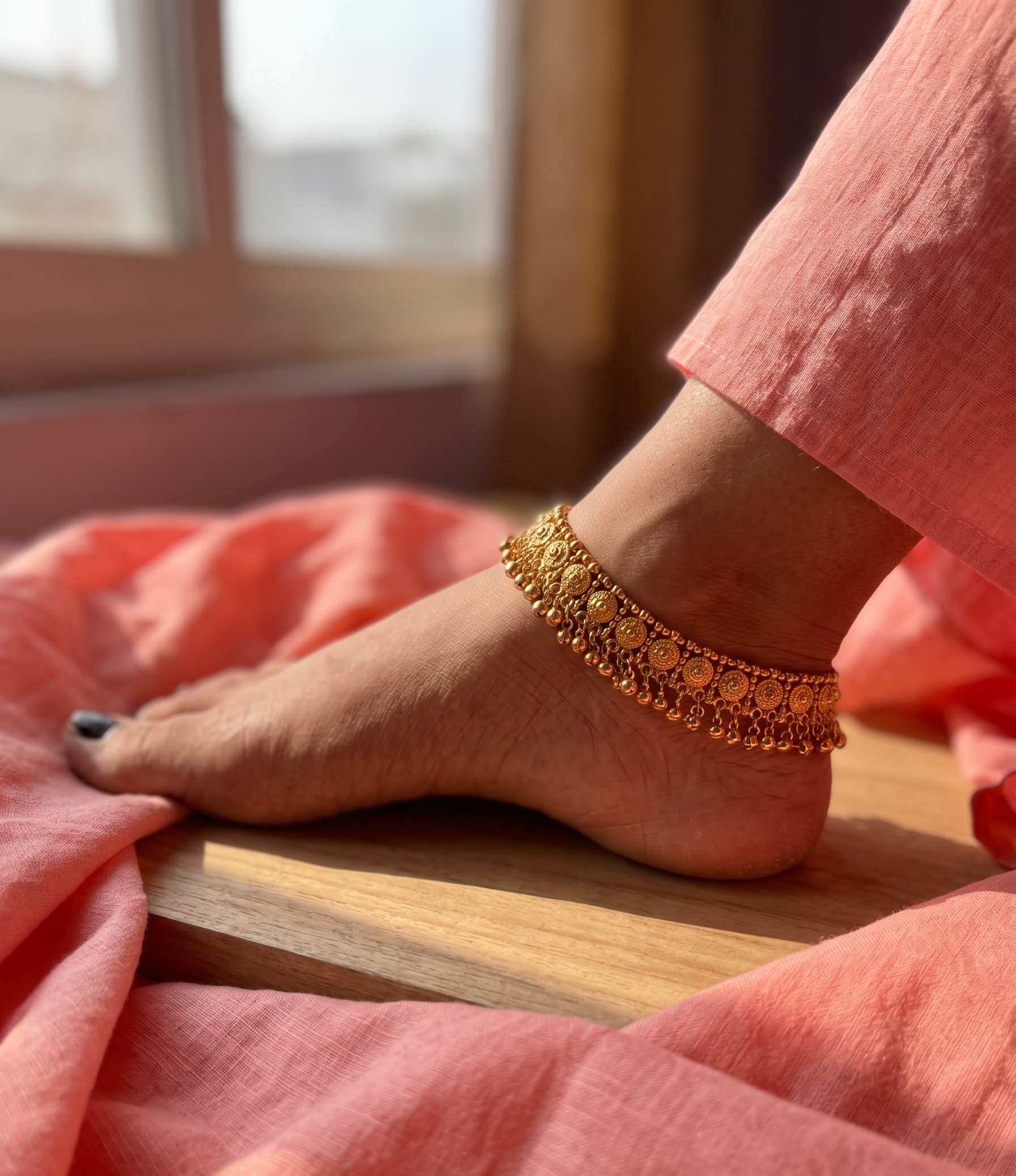 Gold Tone Floral Anklet Pair | Traditional Payal for Women