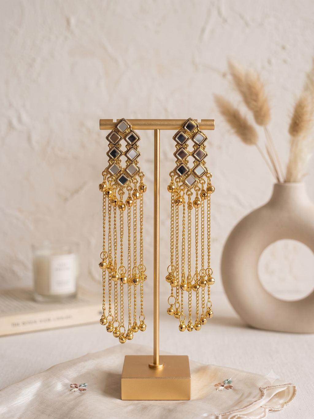 Kashmiri Style Mirror Stone Long Chain Earrings For Women & Girls