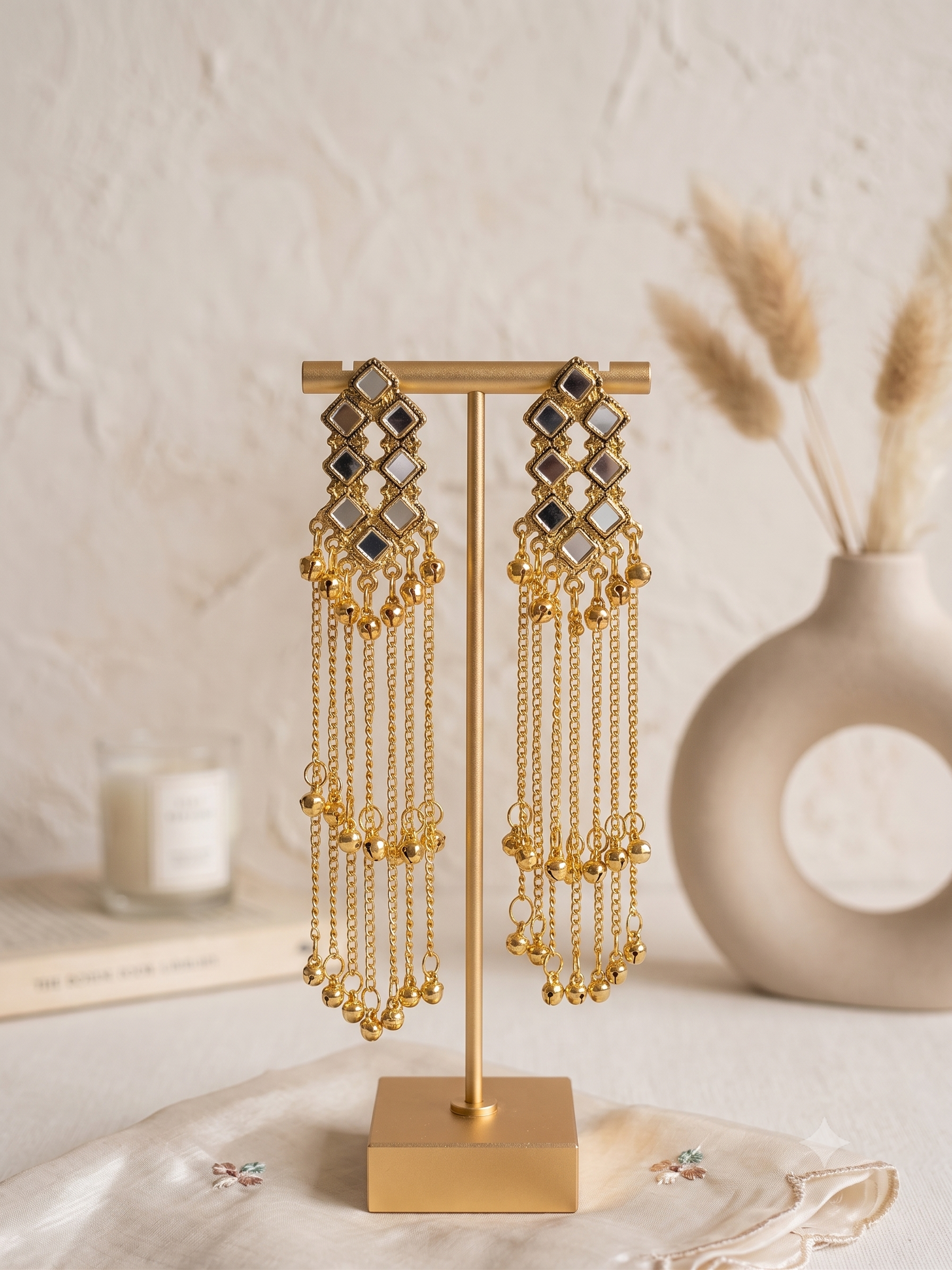 Kashmiri Style Mirror Stone Long Chain Earrings For Women & Girls