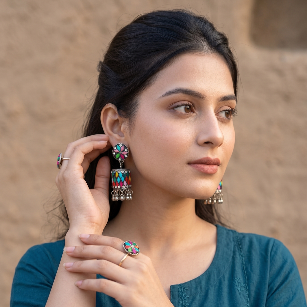 Oxidised Silver Multicolor Meenakari Jhumka Earring For Women & Girls
