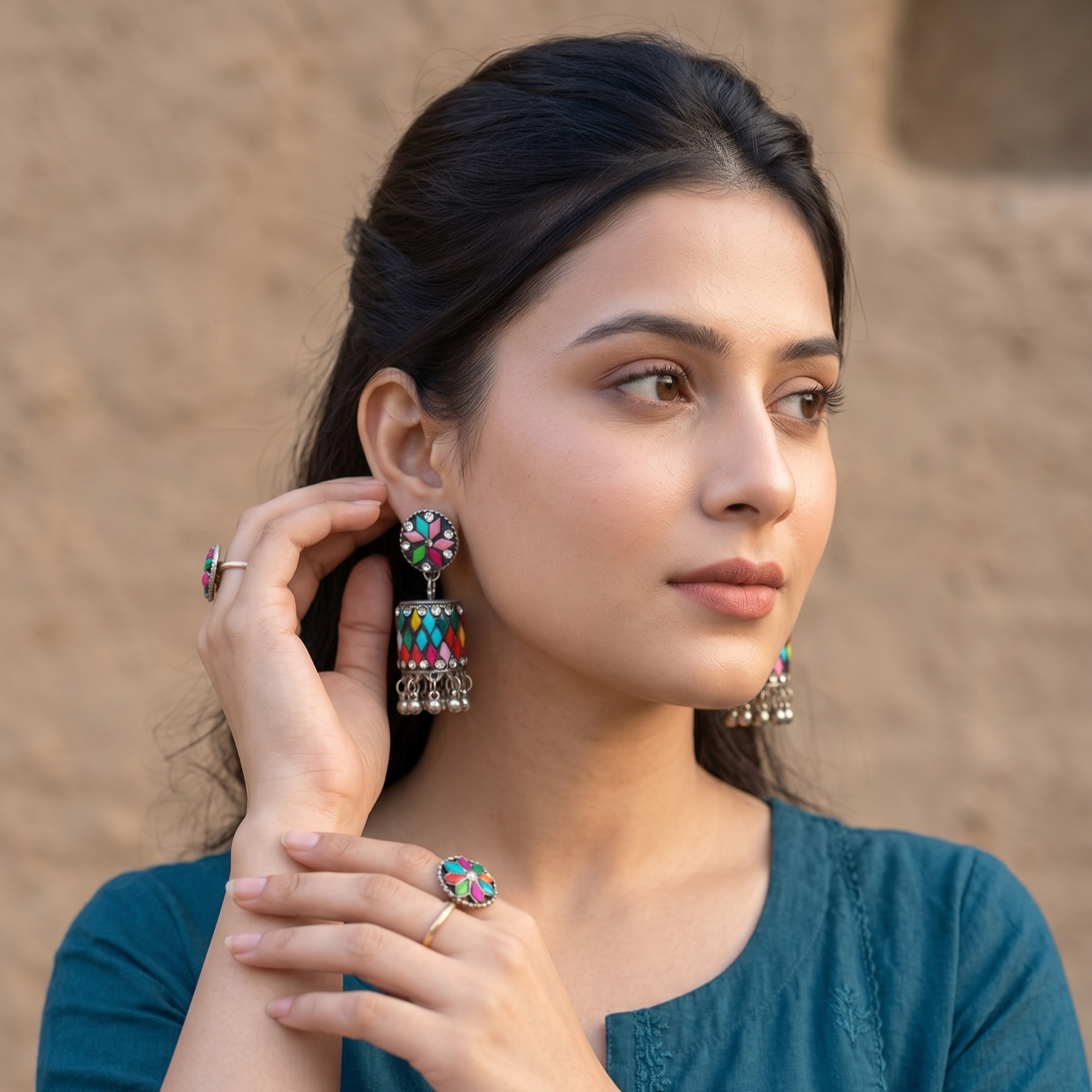 Oxidised Silver Multicolor Meenakari Jhumka Earring For Women & Girls