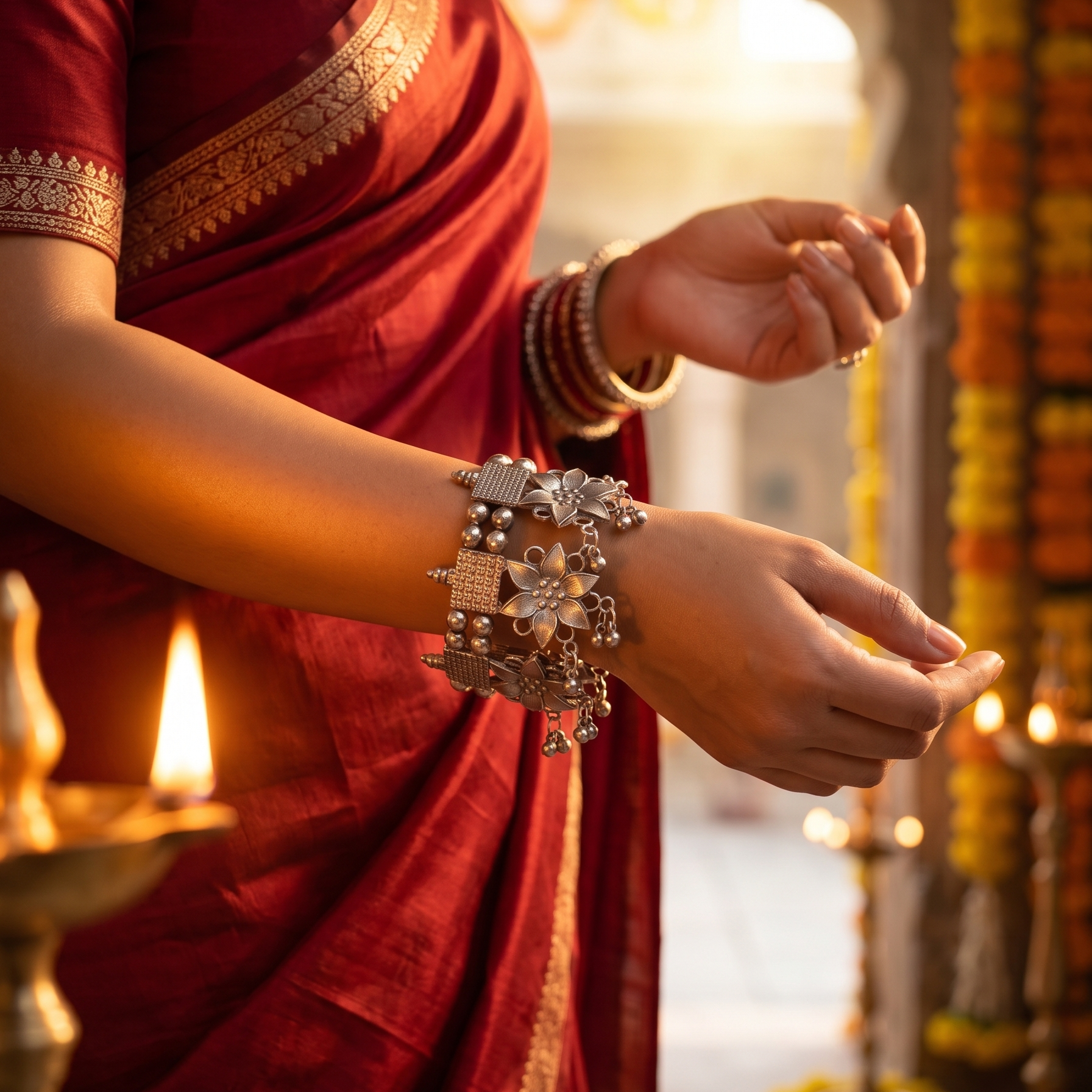 Noor Silver Floral Charm Bangle
