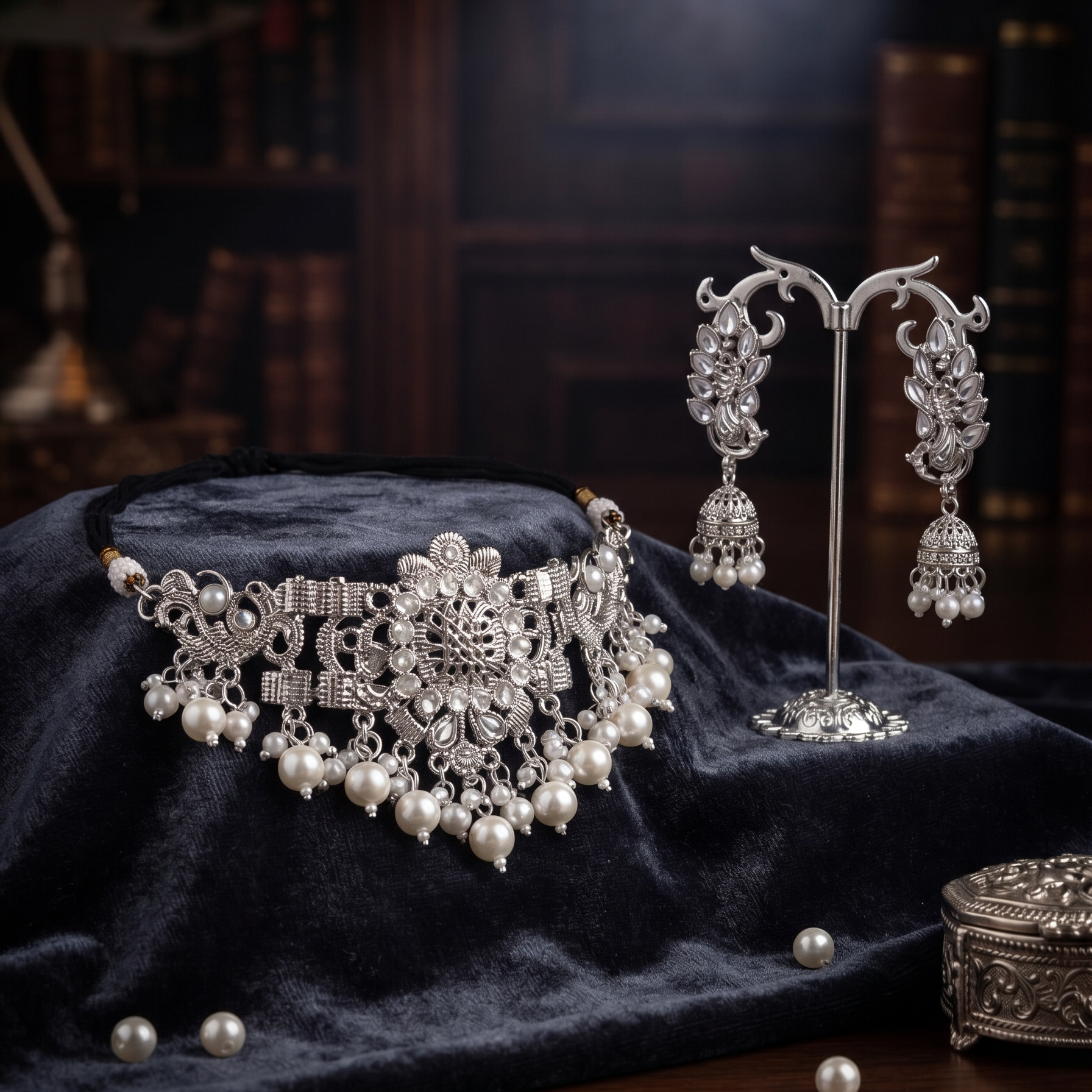 Oxidised Silver Peacock Necklace Set with Jhumka Earrings | Bridal Jewelry Set for Women