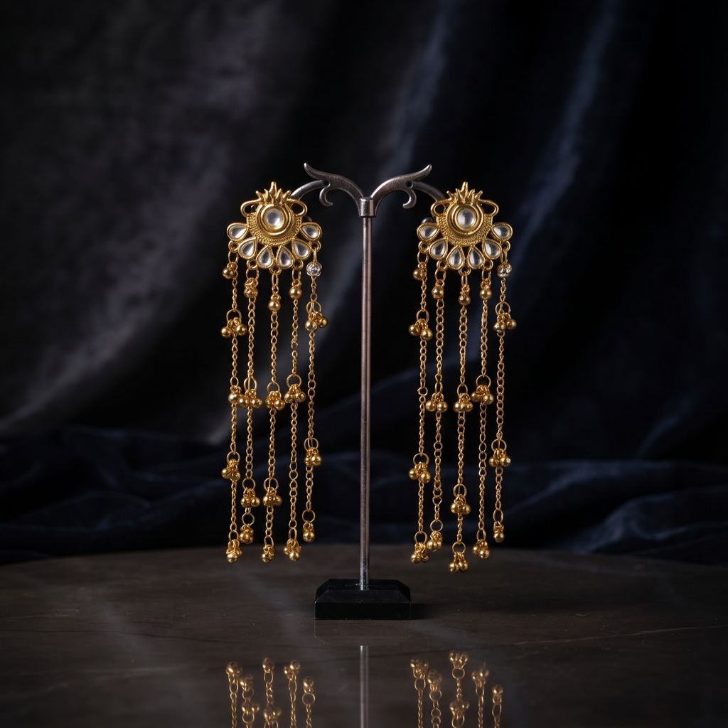 Kashmiri Style Gold Tone Sun Motif Long Chain Jhumka Earring For Women & Girls