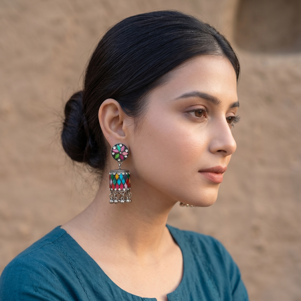 Oxidised Silver Multicolor Meenakari Jhumka Earring For Women & Girls