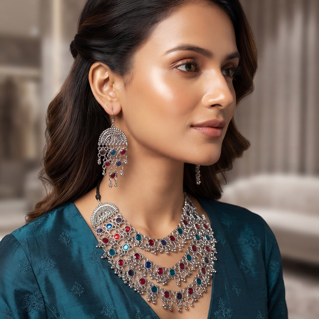 Oxidised Silver Multicolor Stone Necklace Set with Earrings | Jewelry Set for Women