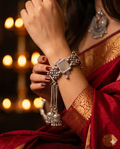 Oxidised Silver Mirror Bangle with Jhumki Tassels