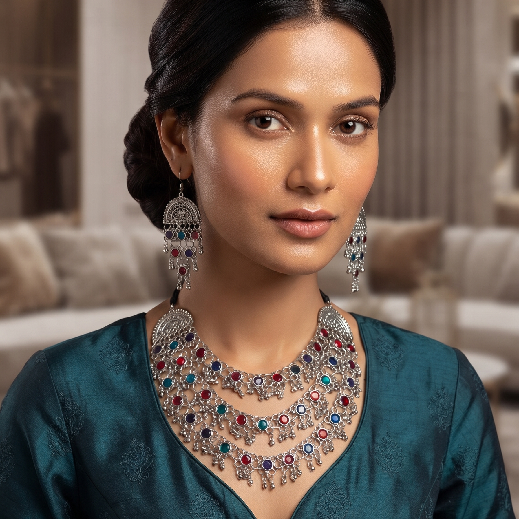 Oxidised Silver Multicolor Stone Necklace Set with Earrings | Jewelry Set for Women