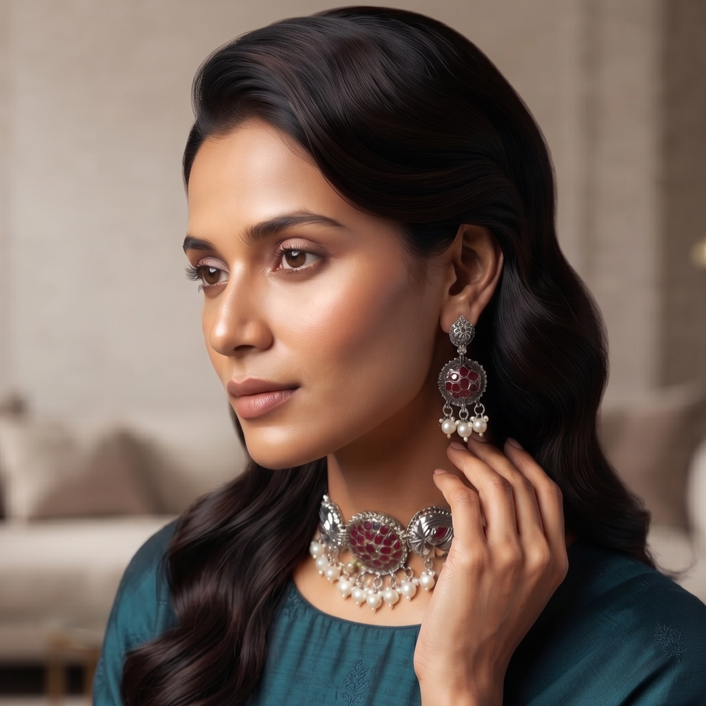 Oxidised Silve Necklace Set with Earrings |  Jewelry Set for Women