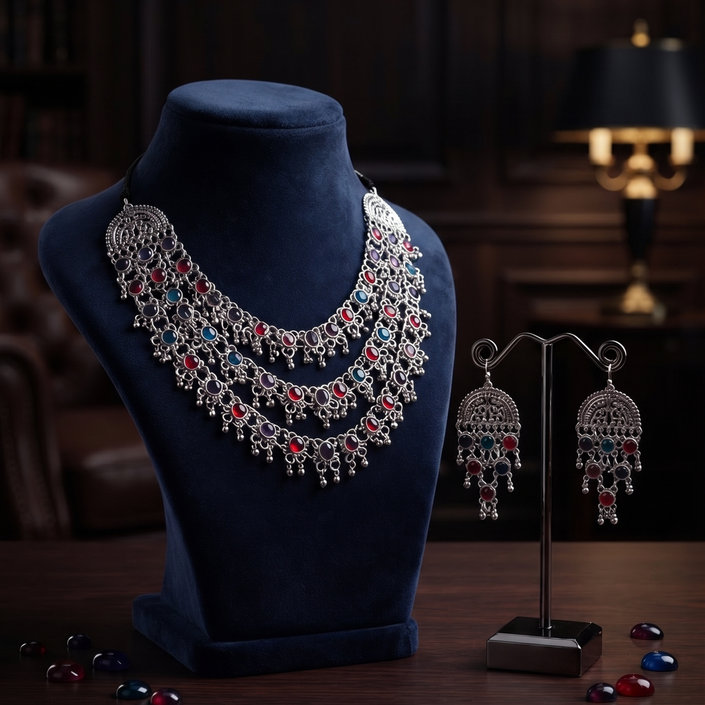 Oxidised Silver Multicolor Stone Necklace Set with Earrings | Jewelry Set for Women
