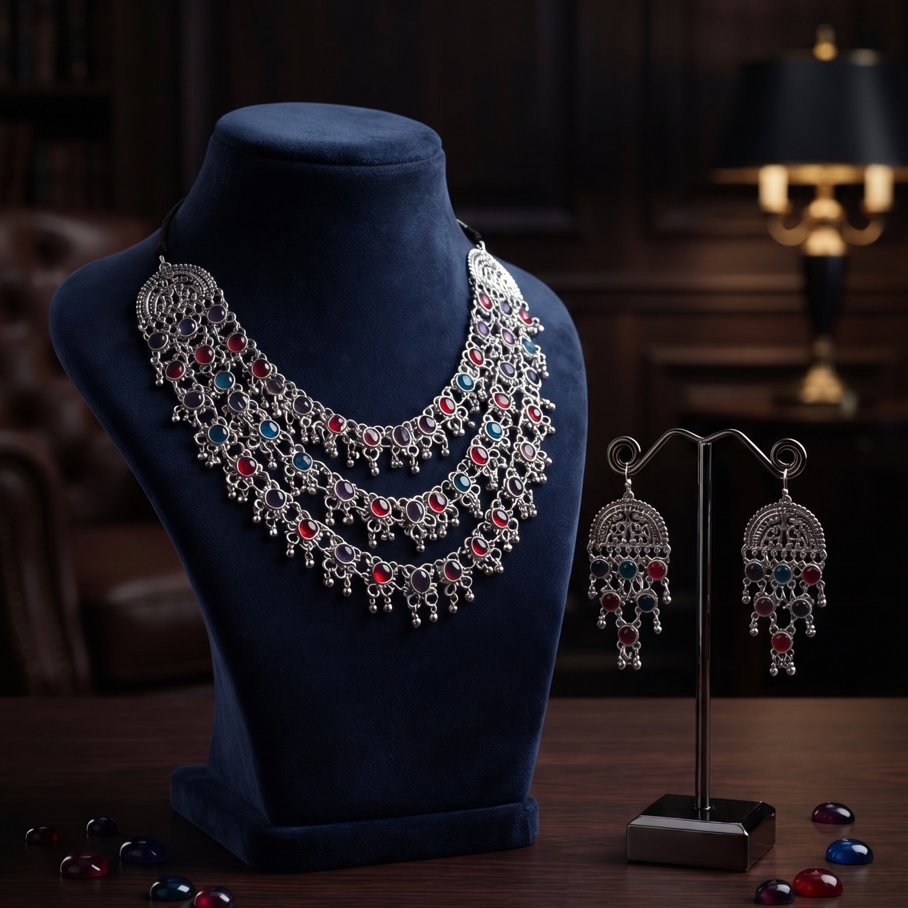Oxidised Silver Multicolor Stone Necklace Set with Earrings | Jewelry Set for Women